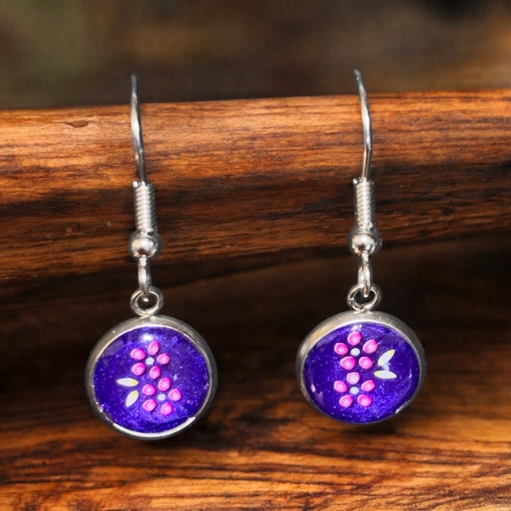 Vibrant Purple Circular Dangle Earrings with Intricate Design